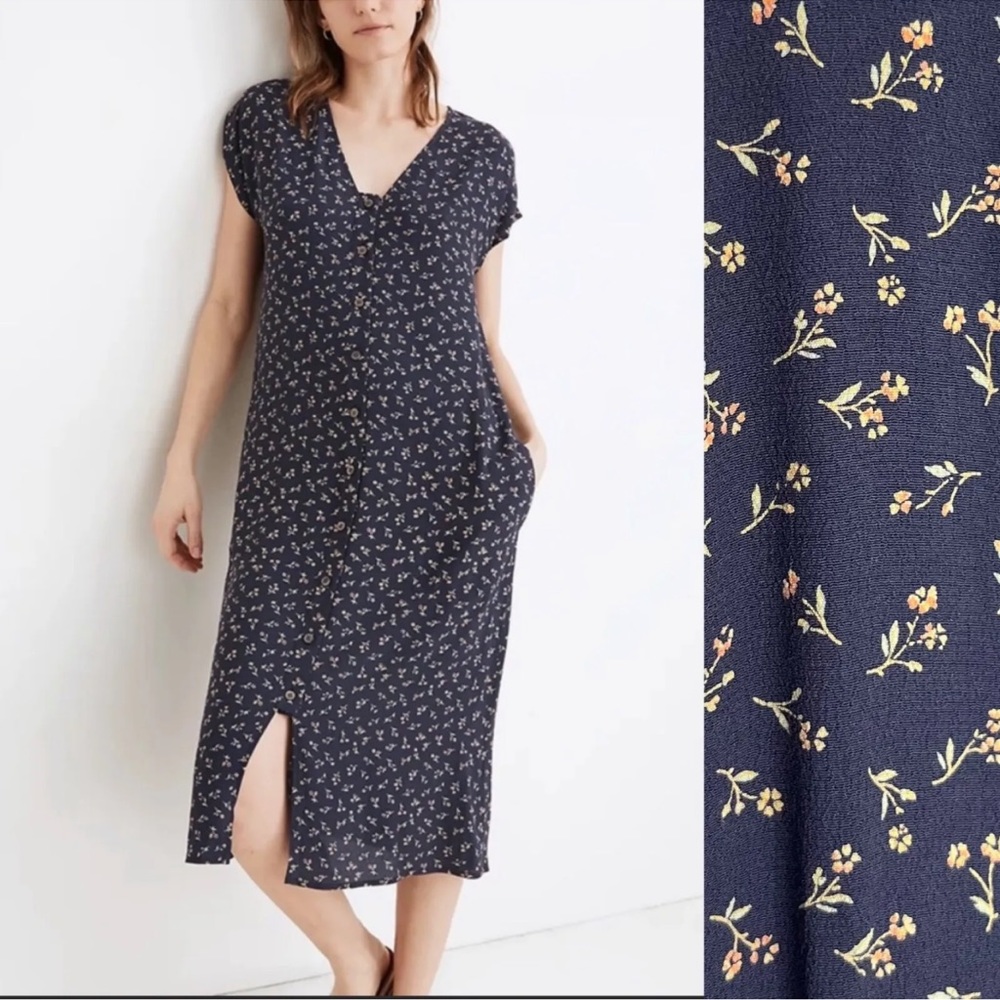 Madewell Easy Midi Dress in Spring Fling Navy Blue Button Down Floral Size 1X